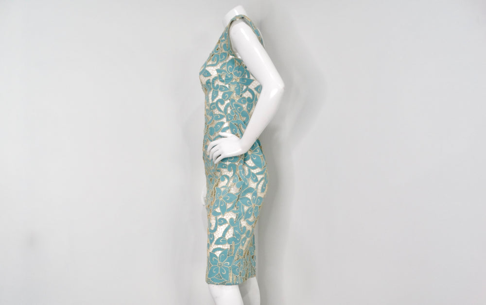 1980s Blue & Cream Floral Net Detail Cut-Out Midi Dress
