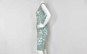 1980s Blue & Cream Floral Net Detail Cut-Out Midi Dress