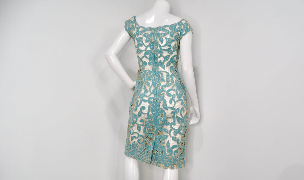 1980s Blue & Cream Floral Net Detail Cut-Out Midi Dress