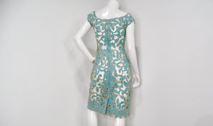 1980s Blue & Cream Floral Net Detail Cut-Out Midi Dress