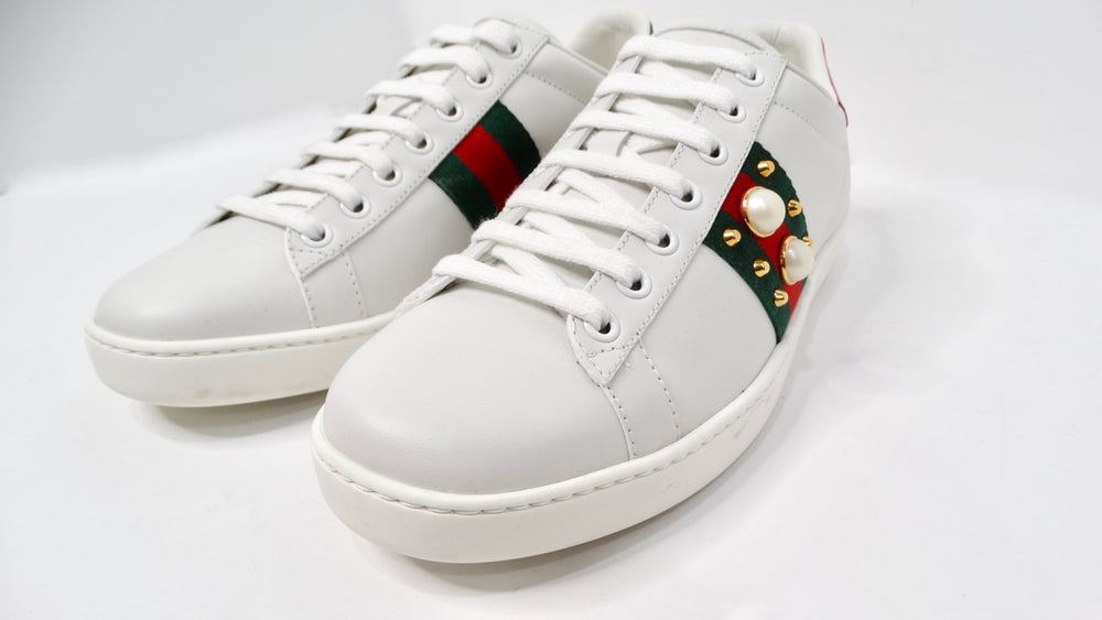 Gucci Ace White Calfskin Faux Pearl Accent & Spike Sneakers