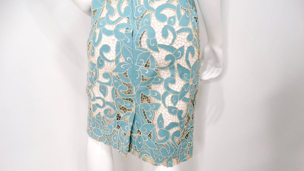 1980s Blue & Cream Floral Net Detail Cut-Out Midi Dress