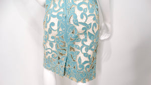 1980s Blue & Cream Floral Net Detail Cut-Out Midi Dress