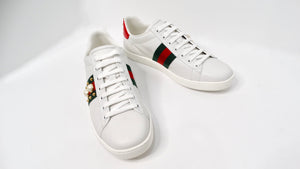 Gucci Ace White Calfskin Faux Pearl Accent & Spike Sneakers