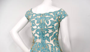 1980s Blue & Cream Floral Net Detail Cut-Out Midi Dress