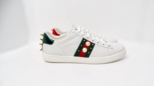 Gucci Ace White Calfskin Faux Pearl Accent & Spike Sneakers