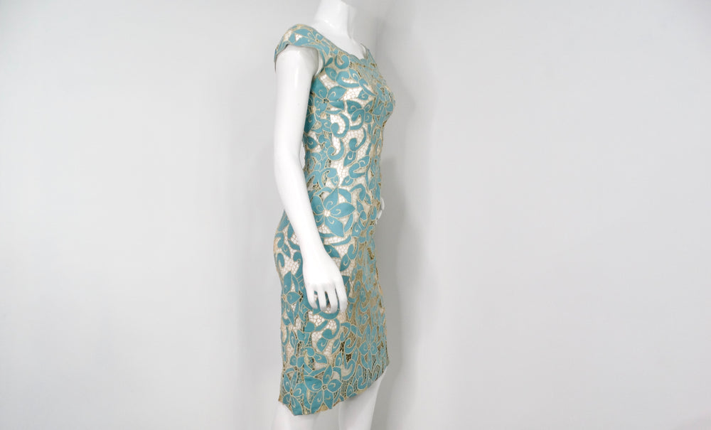 1980s Blue & Cream Floral Net Detail Cut-Out Midi Dress