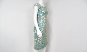 1980s Blue & Cream Floral Net Detail Cut-Out Midi Dress