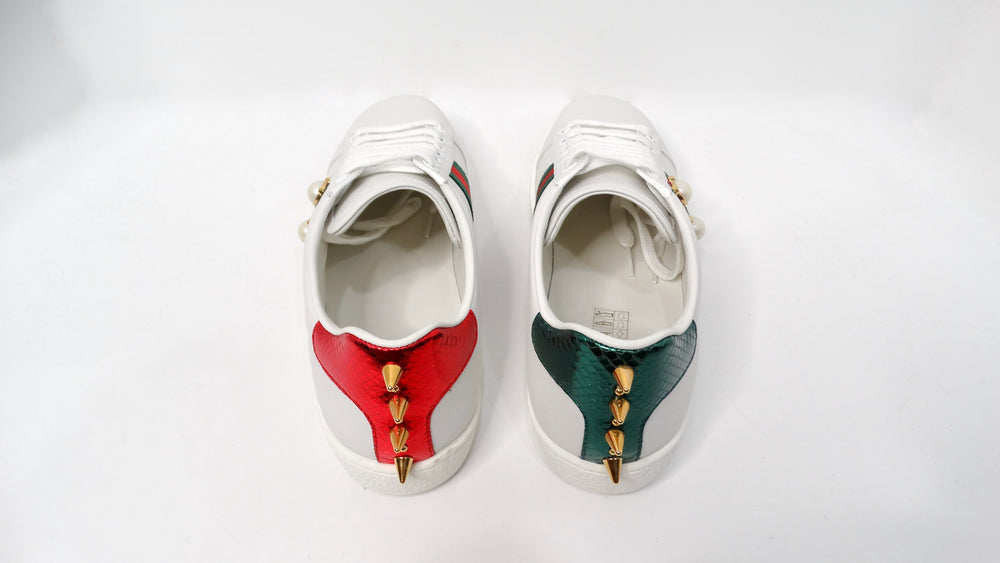 Gucci Ace White Calfskin Faux Pearl Accent & Spike Sneakers