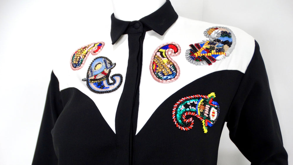 Vintage Retro Western Beaded Paisley Motif Button-Up Long-Sleeve Dress