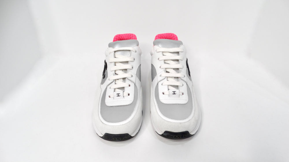 Chanel White Calfskin & Silver Satin Interlocking CC Sneakers