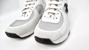 Chanel White Calfskin & Silver Satin Interlocking CC Sneakers