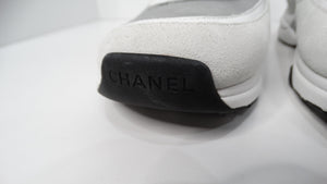 Chanel White Calfskin & Silver Satin Interlocking CC Sneakers