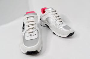 Chanel White Calfskin & Silver Satin Interlocking CC Sneakers