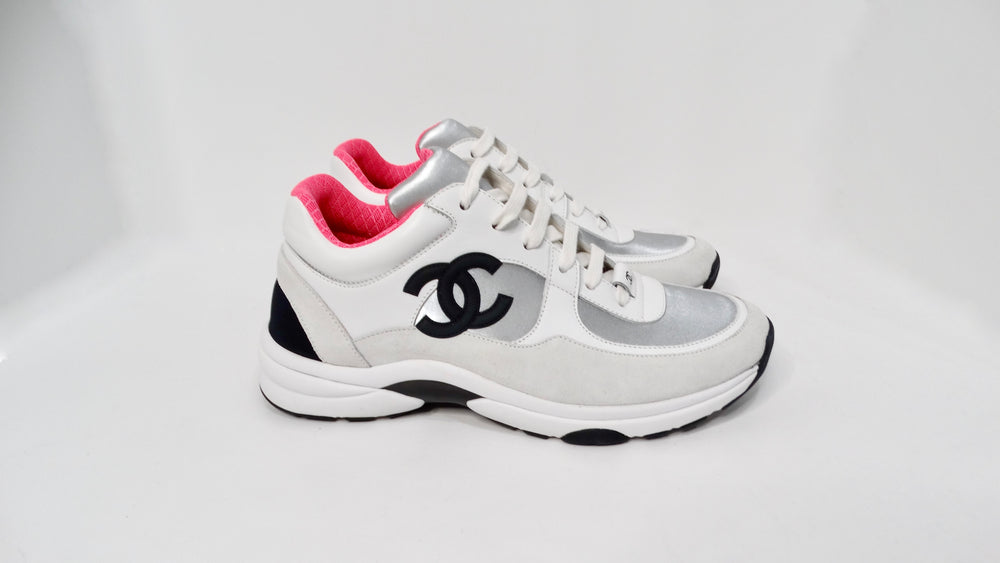 Chanel White Calfskin & Silver Satin Interlocking CC Sneakers