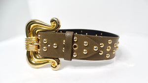 Escada Khaki Leather Gold-Tone Studded Statement Belt