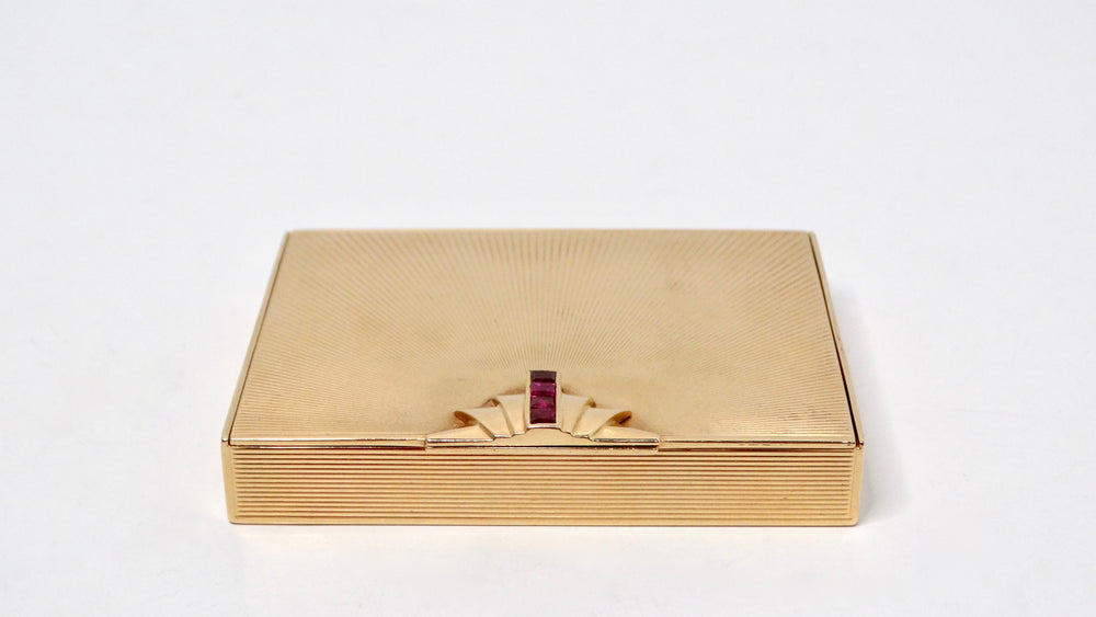 Tiffany & Co 1940s 14k Gold Compact Mirror Box With Ruby Detail