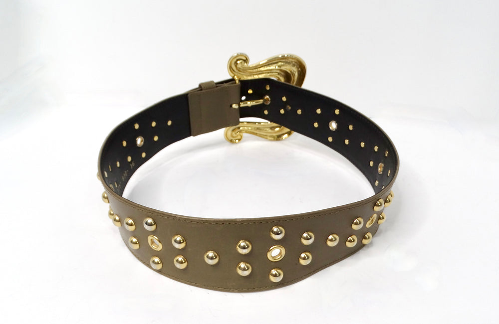 Escada Khaki Leather Gold-Tone Studded Statement Belt