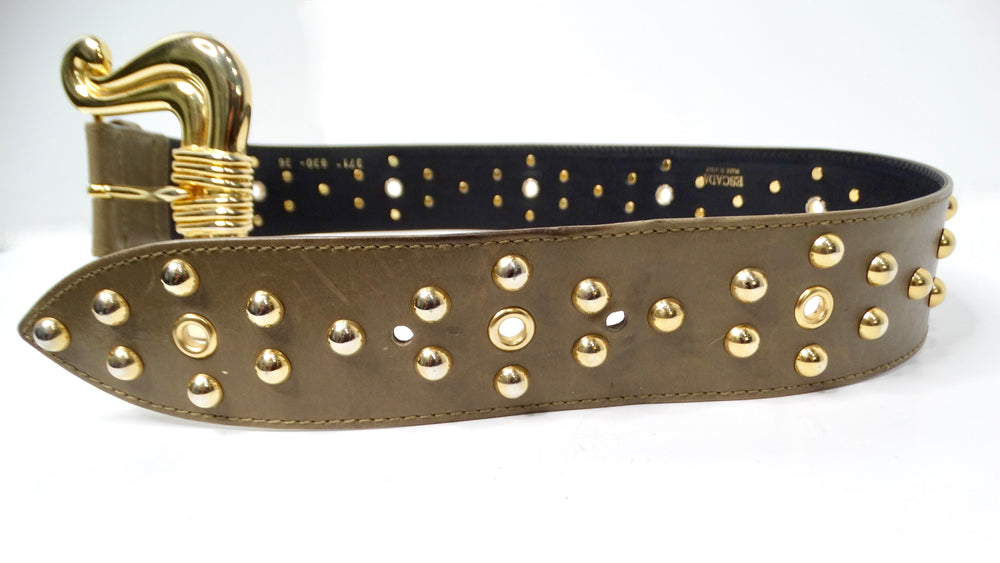 Escada Khaki Leather Gold-Tone Studded Statement Belt