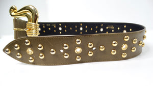 Escada Khaki Leather Gold-Tone Studded Statement Belt