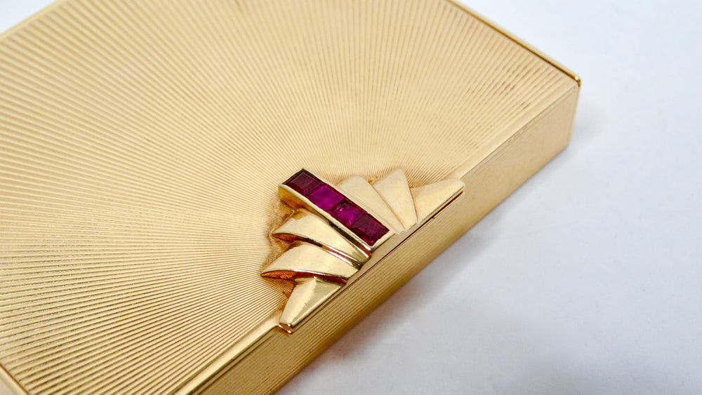 Tiffany & Co 1940s 14k Gold Compact Mirror Box With Ruby Detail