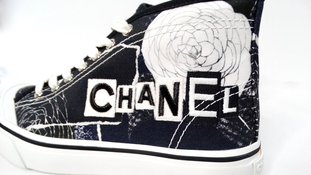 Chanel Black & White Printed Fabric High-Top Camellia Sneakers