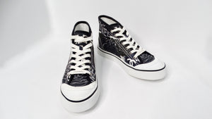 Chanel Black & White Printed Fabric High-Top Camellia Sneakers