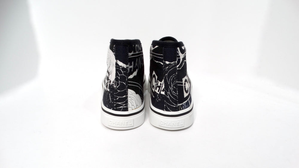 Chanel Black & White Printed Fabric High-Top Camellia Sneakers