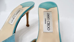Y2K Jimmy Choo Blue Mother Of Pearl Detailed Kitten Heel Sandals