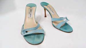 Y2K Jimmy Choo Blue Mother Of Pearl Detailed Kitten Heel Sandals
