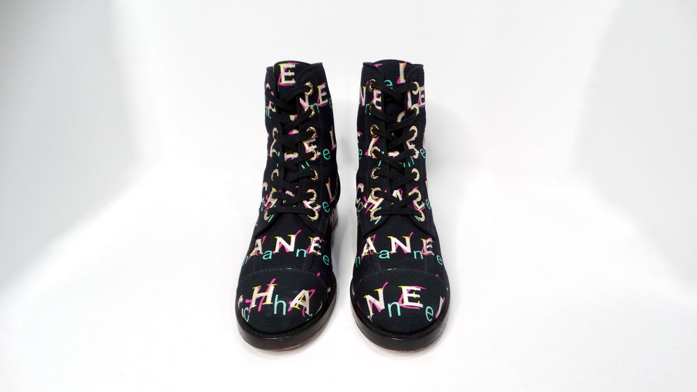 Chanel Black Tweed Printed Lace-Up Combat Boots