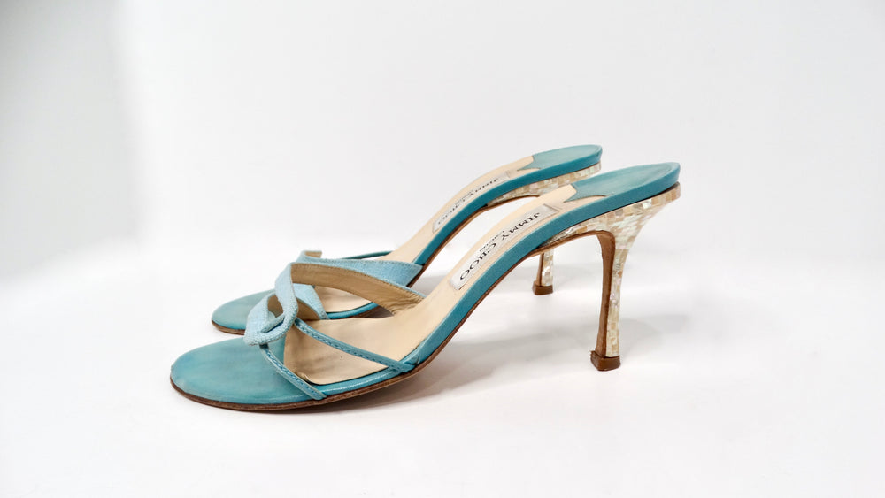 Y2K Jimmy Choo Blue Mother Of Pearl Detailed Kitten Heel Sandals