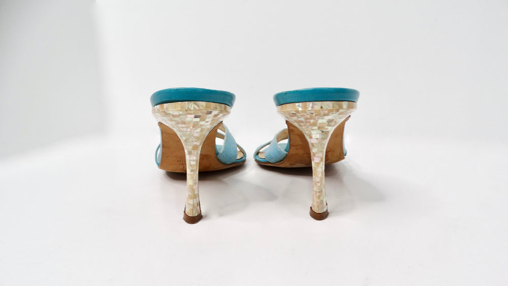 Y2K Jimmy Choo Blue Mother Of Pearl Detailed Kitten Heel Sandals