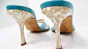 Y2K Jimmy Choo Blue Mother Of Pearl Detailed Kitten Heel Sandals
