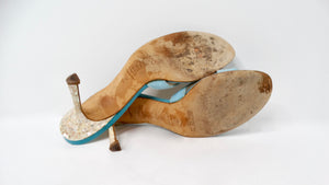Y2K Jimmy Choo Blue Mother Of Pearl Detailed Kitten Heel Sandals