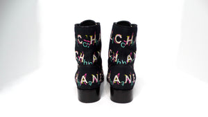 Chanel Black Tweed Printed Lace-Up Combat Boots