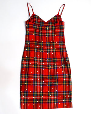 Dolce & Gabbana Red Plaid Studded Wool Dress