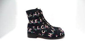 Chanel Black Tweed Printed Lace-Up Combat Boots