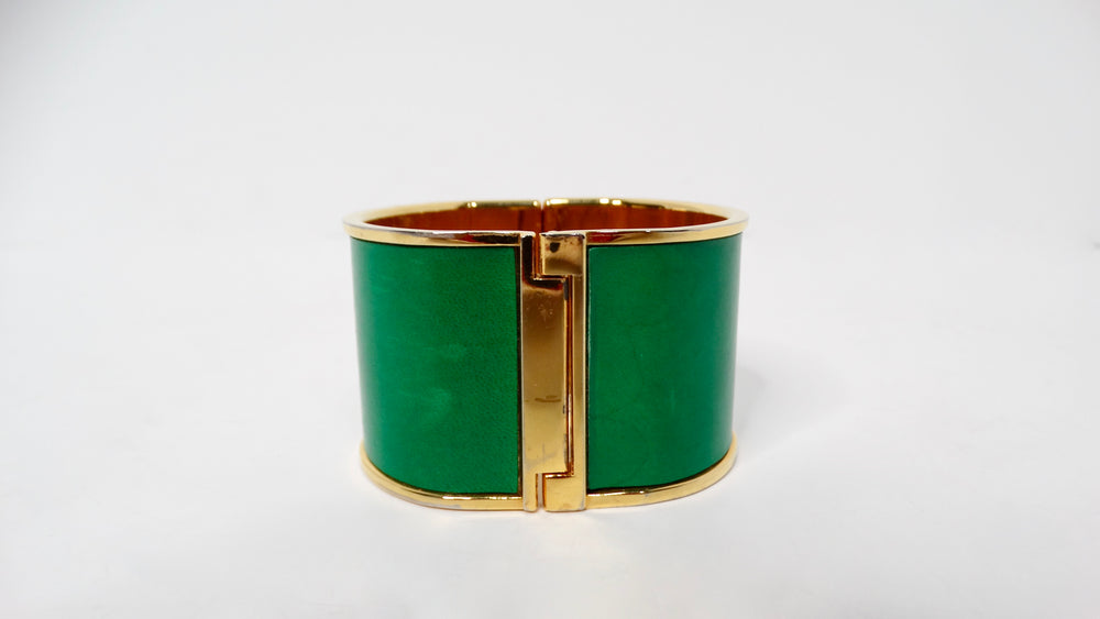 Vintage Green Leather Gold Tone Cuff With Rhinestone