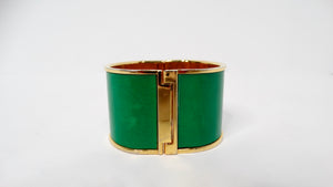 Vintage Green Leather Gold Tone Cuff With Rhinestone