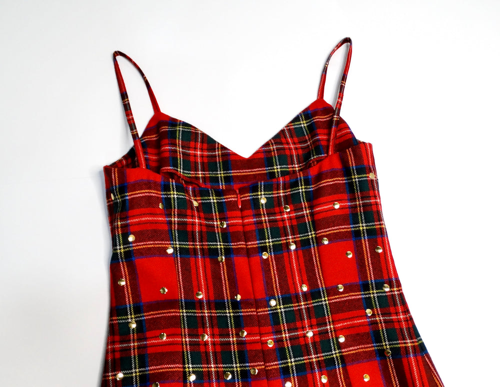 Dolce & Gabbana Red Plaid Studded Wool Dress