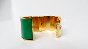 Vintage Green Leather Gold Tone Cuff With Rhinestone