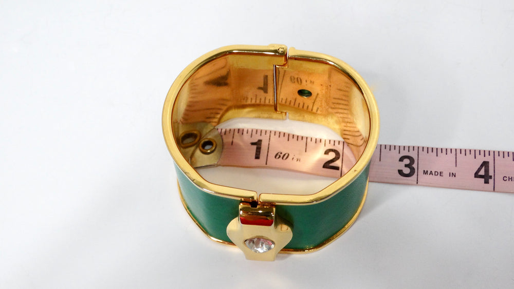 Vintage Green Leather Gold Tone Cuff With Rhinestone