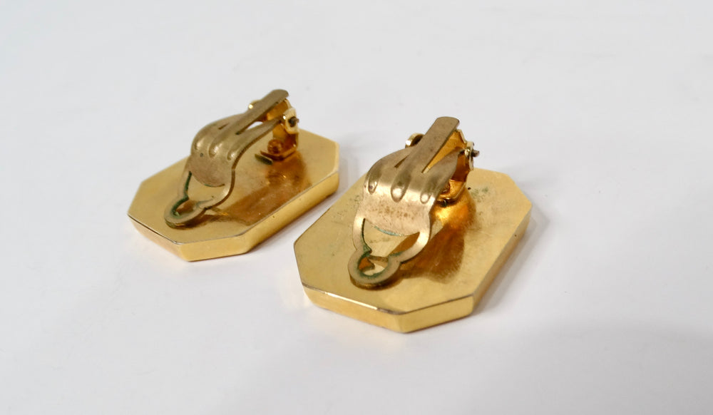 1980s Green Leather Gold Tone Octagon Clip-On Earrings
