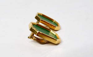 1980s Green Leather Gold Tone Octagon Clip-On Earrings