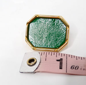 1980s Green Leather Gold Tone Octagon Clip-On Earrings