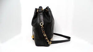 Chanel 1992 Black Caviar Leather Triple Interlocking CC Drawstring Shoulder Bag