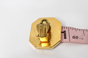 1980s Green Leather Gold Tone Octagon Clip-On Earrings