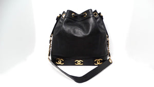 Chanel 1992 Black Caviar Leather Triple Interlocking CC Drawstring Shoulder Bag