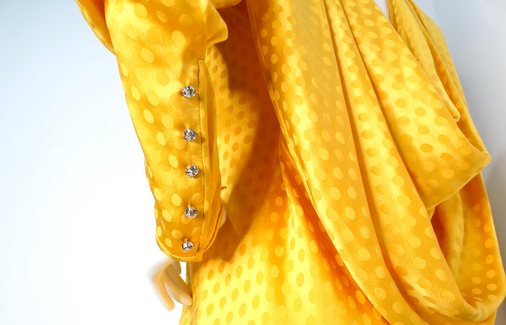 Emanul Ungaro Vintage 1970s Yellow Polka-dot Draped Silk Gown